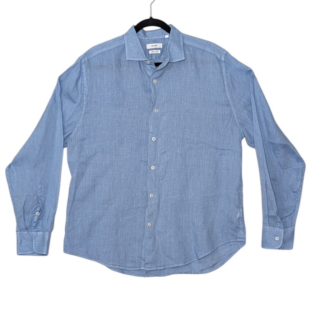 Zelino Size Large 100% Linen Light Blue Long Sleeve Button Up Shirt Work Career